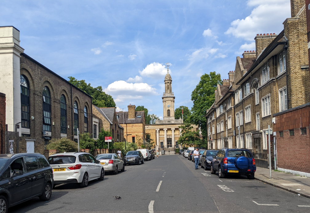 Decorative image before photo of Liverpool Grove from Walworth Road